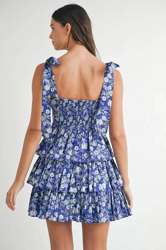 Floral Print Mini Dress with Shoulder Ties and Layered Design - Akana Style