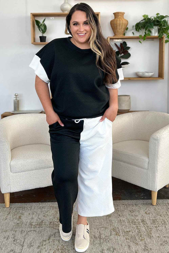 Double Take T-Shirt and Pants Set - Full Size Texture Contrast Outfit - Akana Style