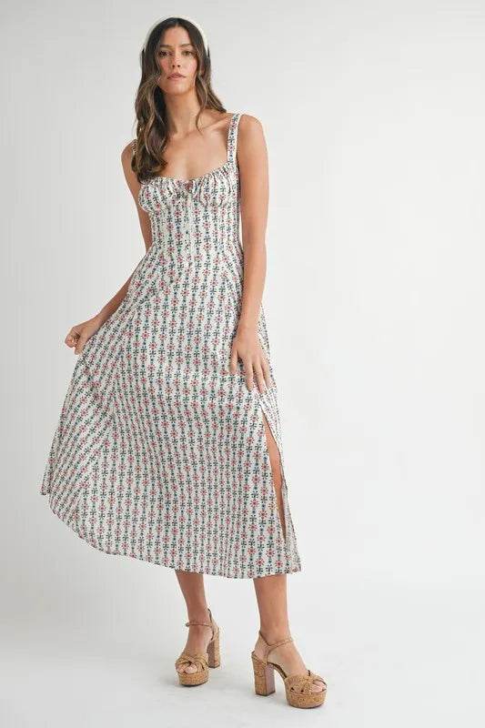 Floral Print Midi Dress with Bustier Back Lace Up Design - Akana Style