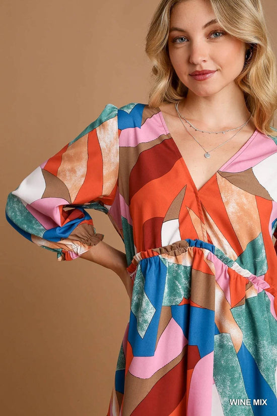 Umgee Tiered Printed Dress - Abstract V-Neck Style - Akana Style
