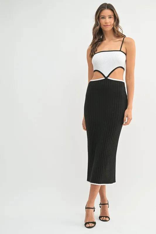 Ribbed Knit Color Block Dress with Cutout - Stylish Midi Dress - Akana Style
