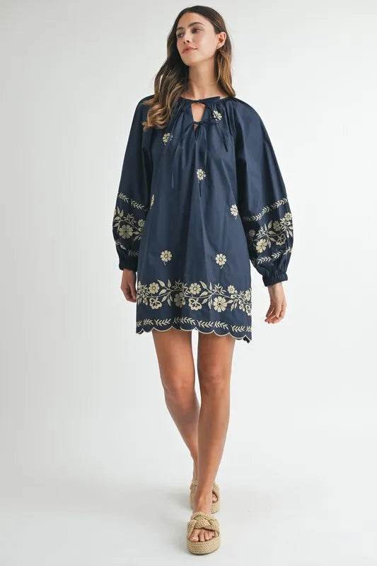 Embroidered Peasant Mini Dress with Long Sleeves - Akana Style