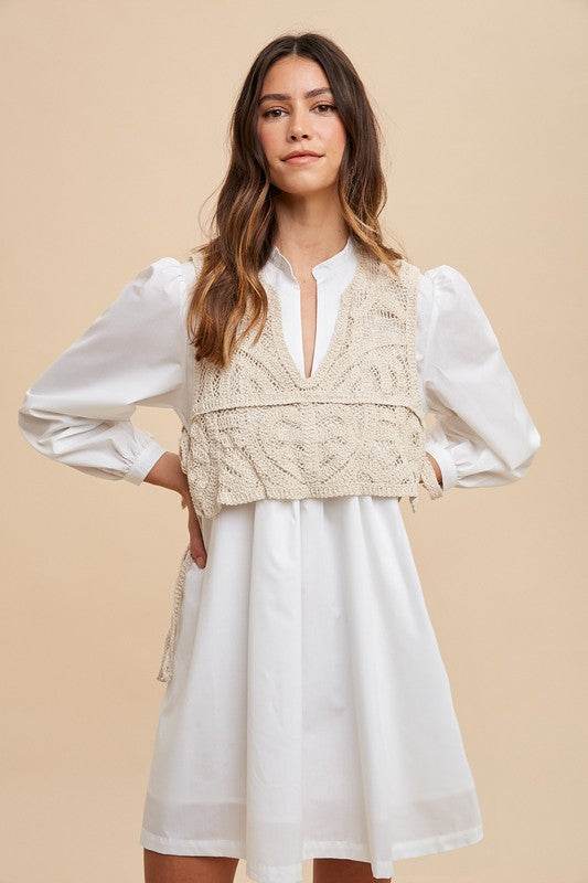 Crochet Vest Notched Long Sleeve Shirt Dress - Stylish Crochet Vest Dress - Akana Style