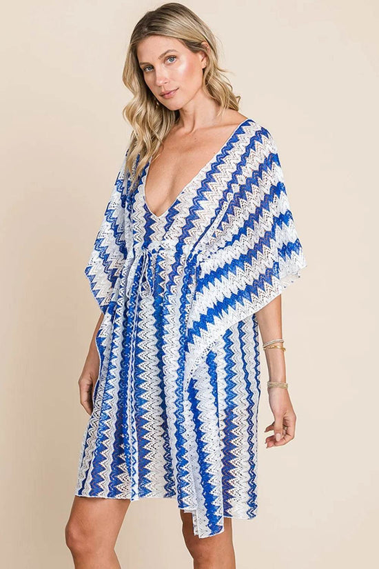 Cotton Bleu Cover-Up by Nu Lab - Tied Striped Plunge Half Sleeve - Akana Style