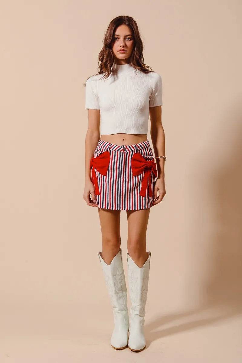 Contrast Bow Knot Pocket Fourth Of July Denim Skirt - Akana Style