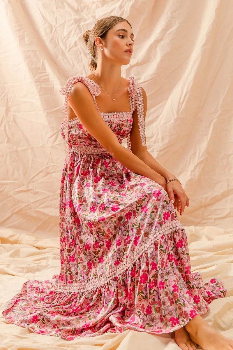 Floral Maxi Dress With Ribbon Tie Lace Strap - Akana Style