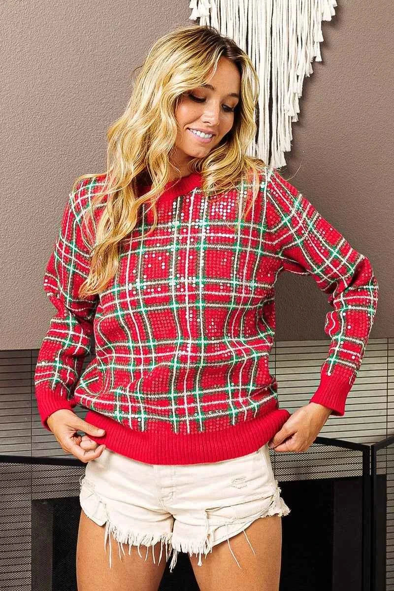 Clear Sequin Plaid Sweater