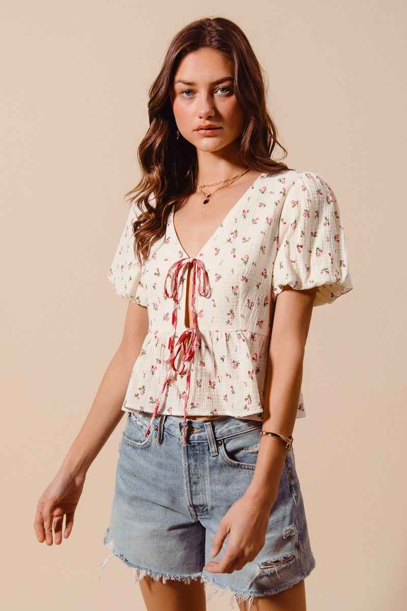 Ditsy Floral Print Gauze Tie-Front Blouse