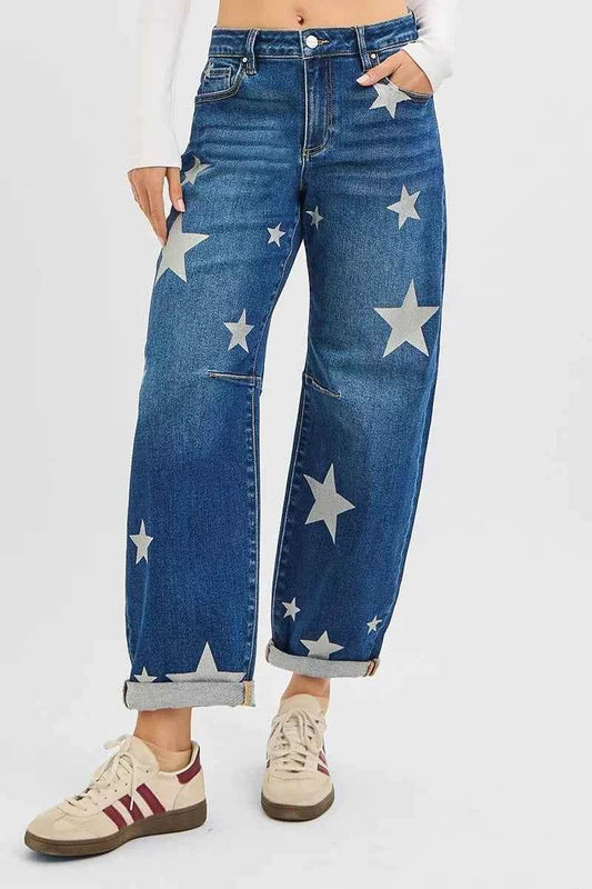 Mid Rise Star Printed Jeans - Akana Style