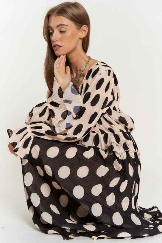 Polka Dot Maxi Dress with Ruffled Long Sleeves and Pleated Design - Akana Style