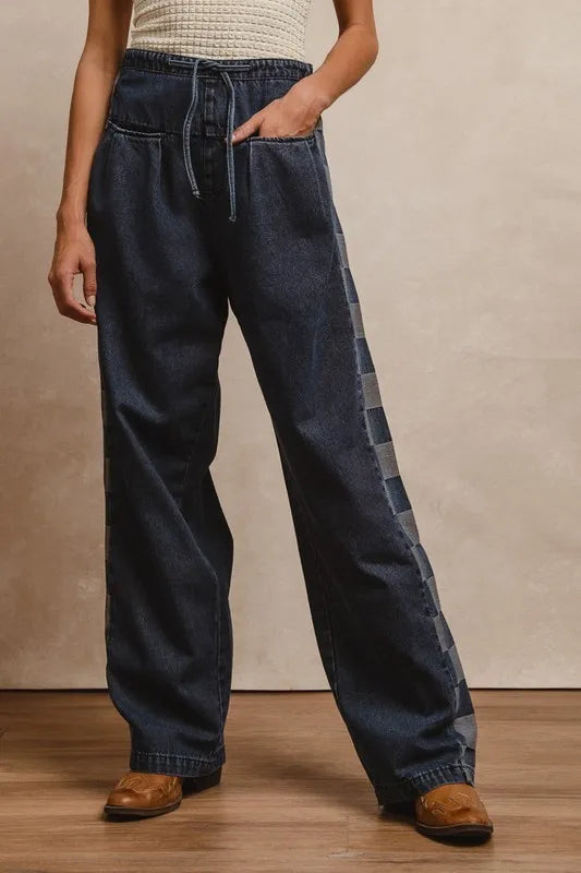 Washed Denim Mix And Match Long Pants - Akana
