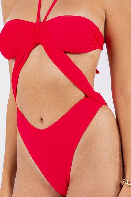 One Piece Halter Neck Cutout Swimsuit with Open Front Panel - Akana Style