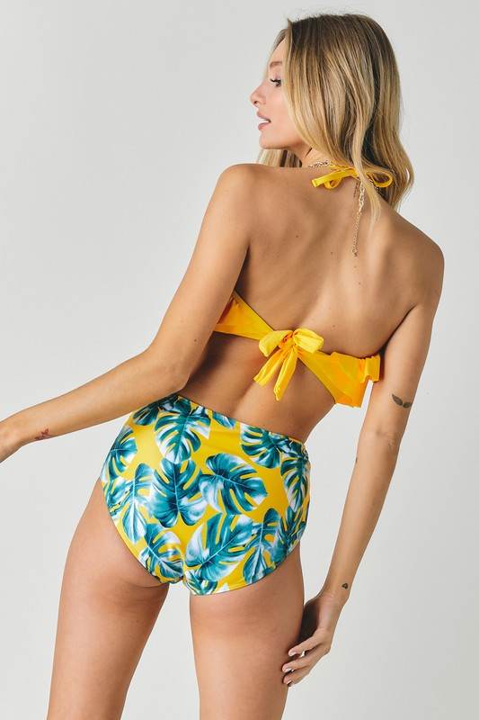 Solid Ruffle Top Printed Bottom Swimsuit for Stylish Summer Adventures - Akana Style