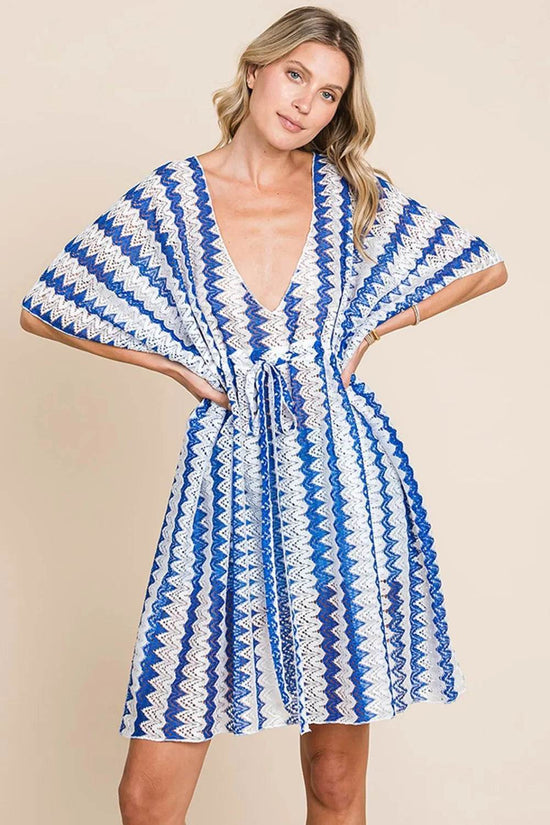 Cotton Bleu Cover-Up by Nu Lab - Tied Striped Plunge Half Sleeve - Akana Style