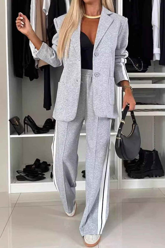 Full Size Contrast Lapel Collar Set - Stylish Top and Pants Outfit - Akana Style