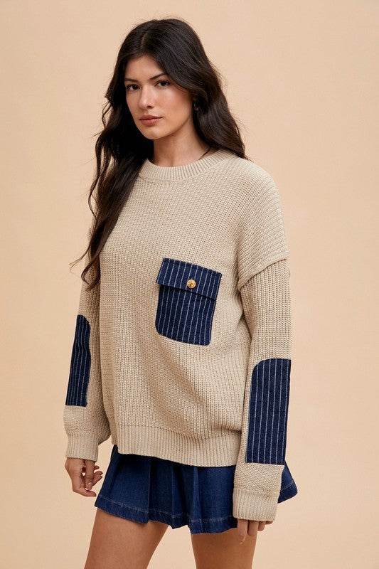 Contrast Round Neck Sweater with Patch Pocket and Drop Shoulder Design - Akana Style