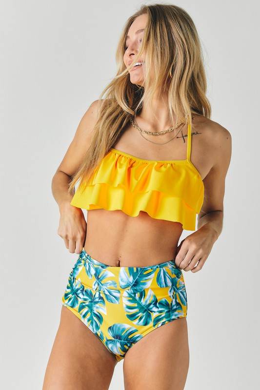 Solid Ruffle Top Printed Bottom Swimsuit for Stylish Summer Adventures - Akana Style
