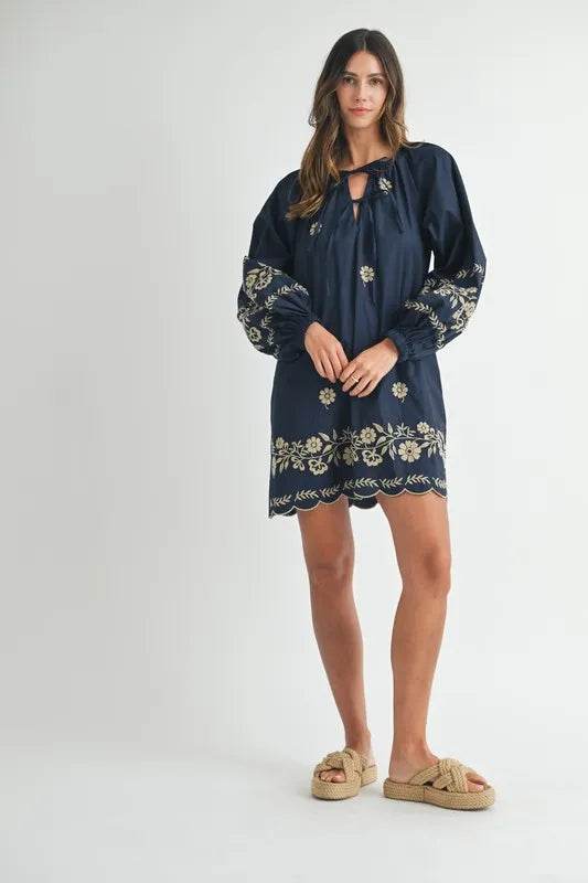 Embroidered Peasant Mini Dress with Long Sleeves - Akana Style