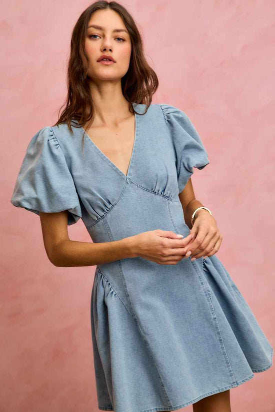Bubble Sleeves Denim Fit And Flare Mini Dress