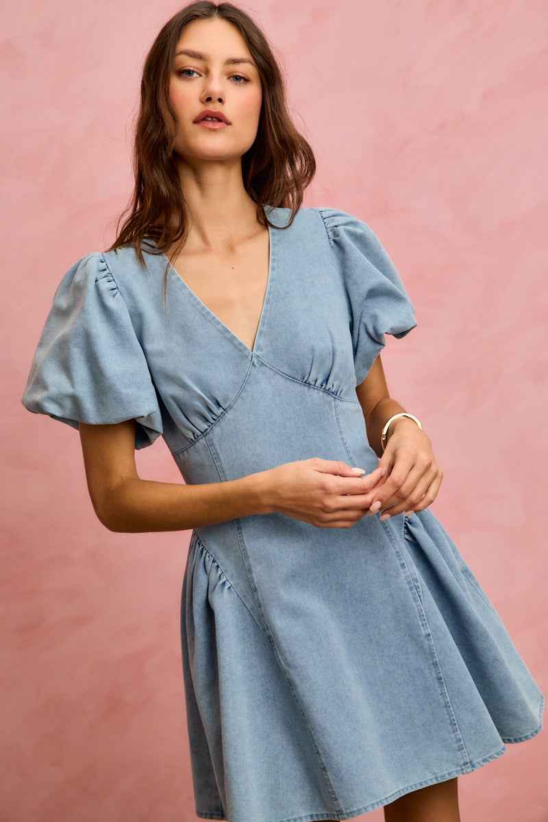 Bubble Sleeves Denim Fit And Flare Mini Dress