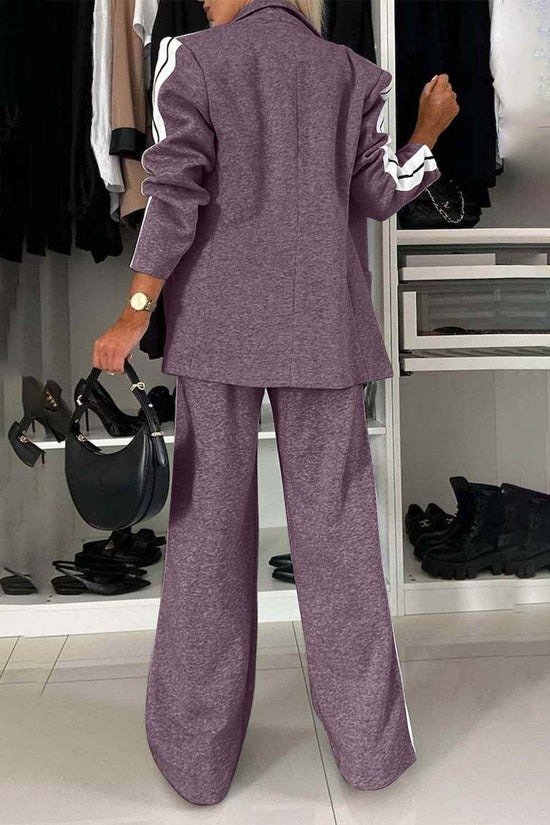 Full Size Contrast Lapel Collar Set - Stylish Top and Pants Outfit - Akana Style