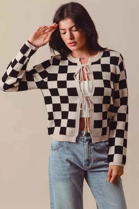 SO ME Tie Front Checkered Knitted Round Neck Cardigan