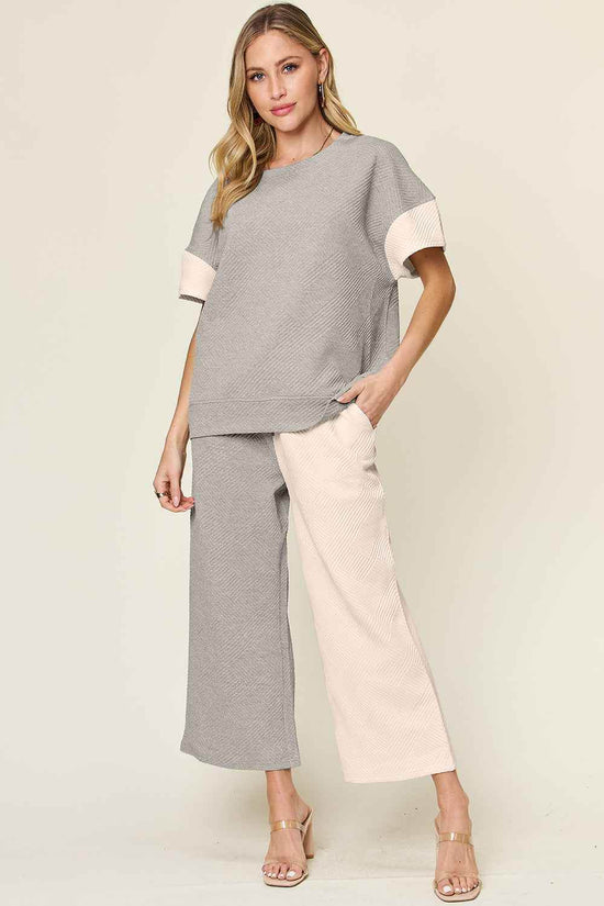 Double Take T-Shirt and Pants Set - Full Size Texture Contrast Outfit - Akana Style