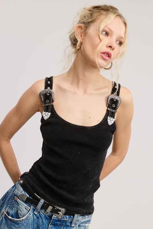 BLACK SILVER BELT TANK TOP - Akana Style