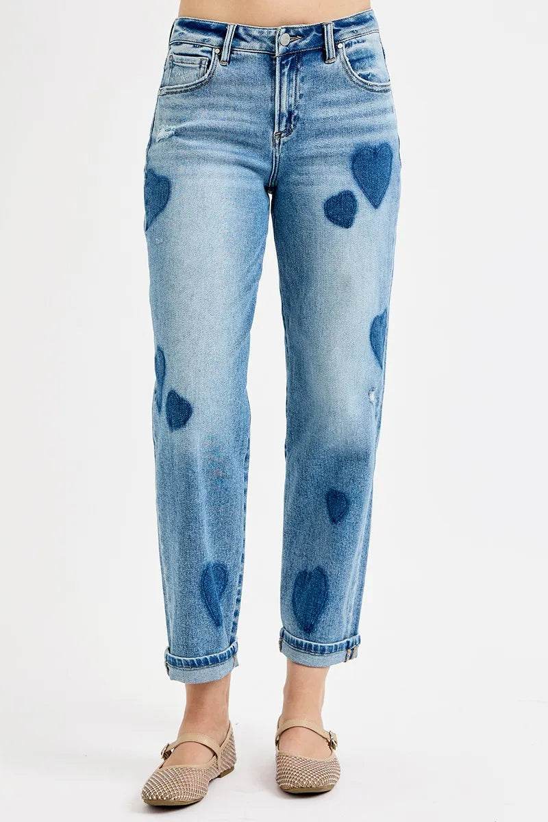 RISEN Plus Size Boyfriend Jeans - Full Size Mid Rise Fit with Heart Shade - Akana Style