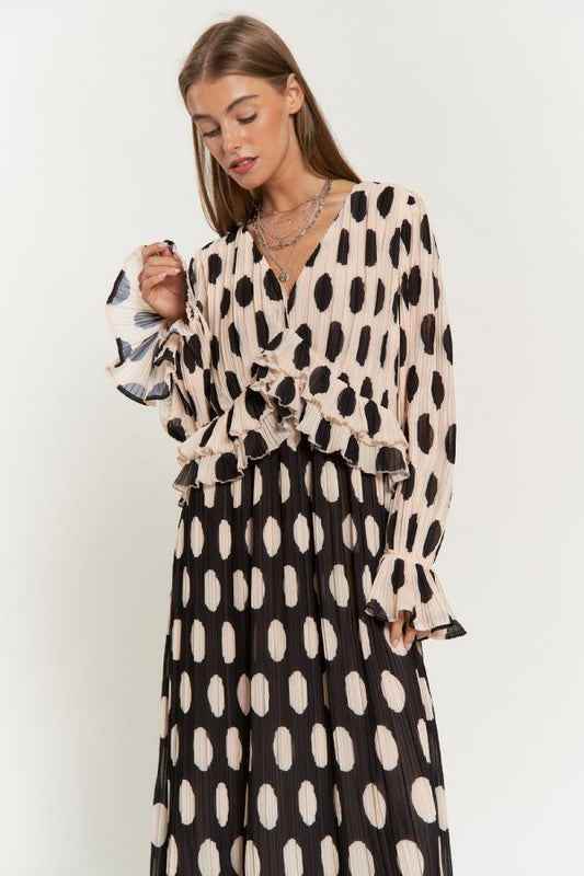 Polka Dot Maxi Dress with Ruffled Long Sleeves and Pleated Design - Akana Style