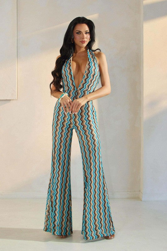 ZIGZAG PATTERN HALTER JUMPSUIT - Akana