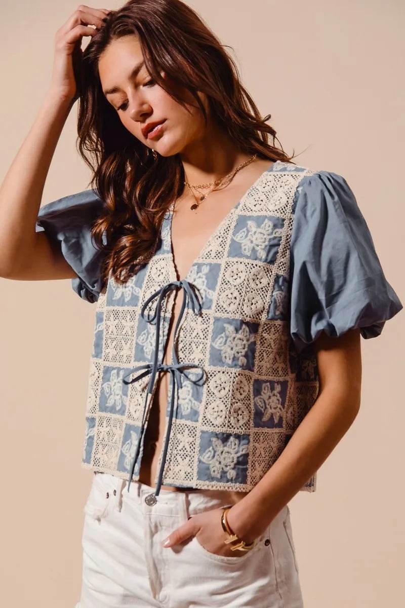 Crochet Lace Blouse with Tie Front V Neck Design - Akana Style
