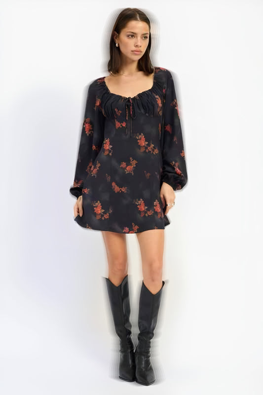 MINI LONG SLEEVE DRESS WITH SQUARE NECKLINE