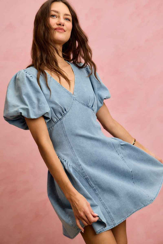 Bubble Sleeves Denim Fit And Flare Mini Dress