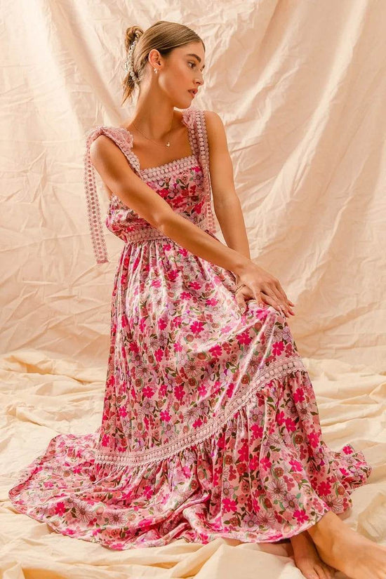 Floral Maxi Dress With Ribbon Tie Lace Strap - Akana Style