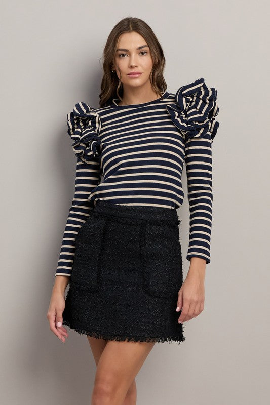 Striped Ruffle Shoulder Knit Top