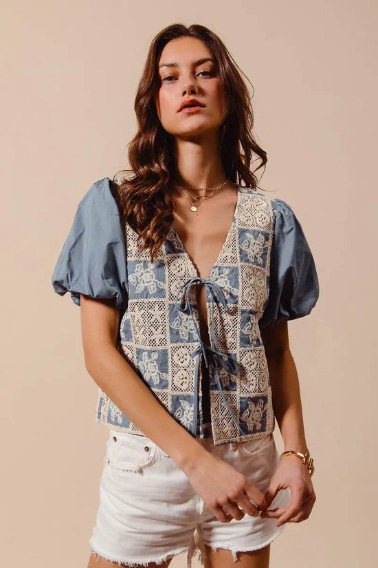 Crochet Lace Blouse with Tie Front V Neck Design - Akana Style