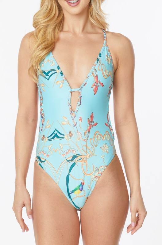 Floral Print One Piece Bathing Suit with Deep Cut Front - Akana Style