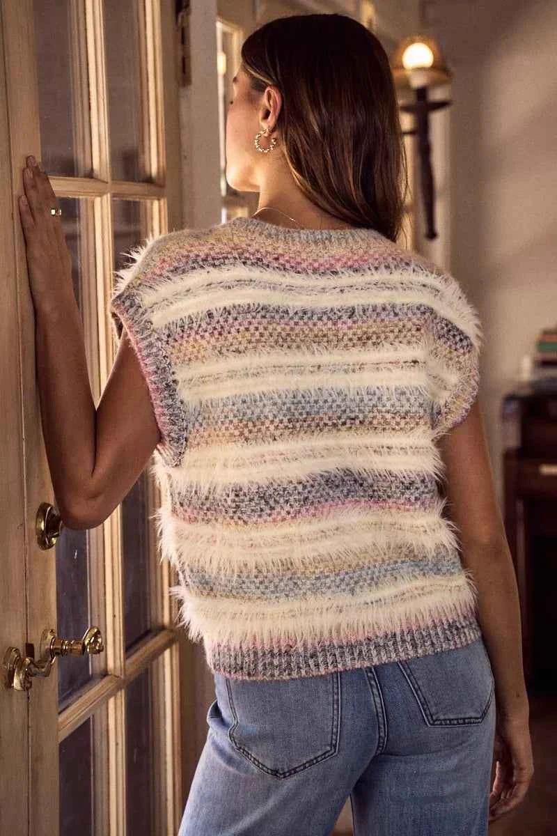 SO ME Soft Fuzzy Multi Color Stripe Cozy Sweater Top