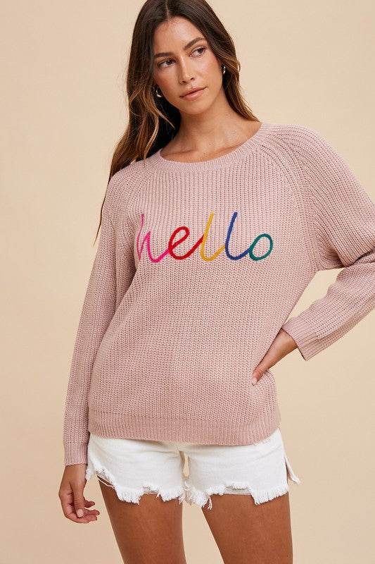 HELLO Embroidered Sweater with Raglan Sleeves - Akana Style