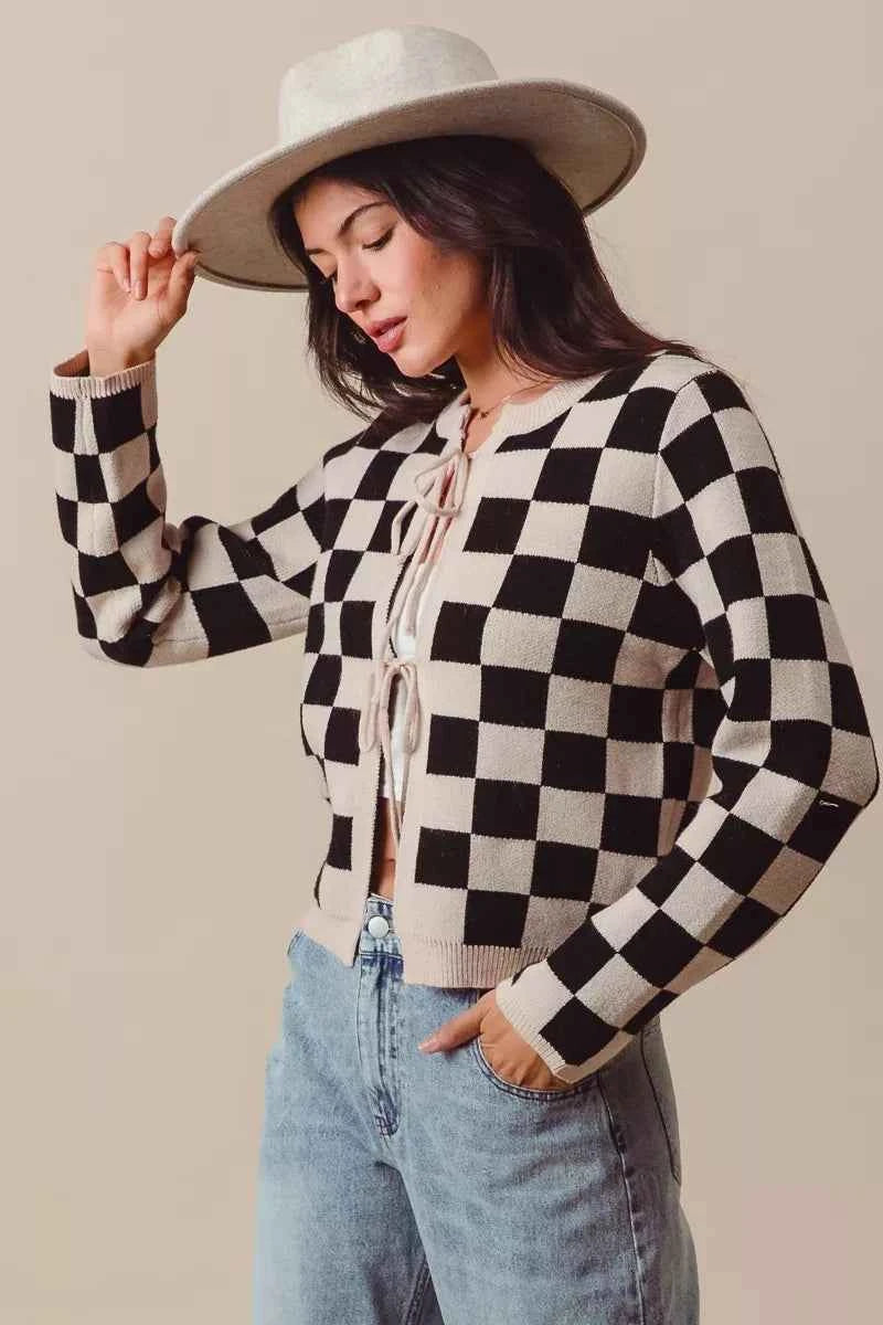 SO ME Tie Front Checkered Knitted Round Neck Cardigan