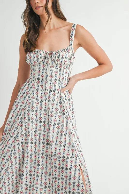 Floral Print Midi Dress with Bustier Back Lace Up Design - Akana Style