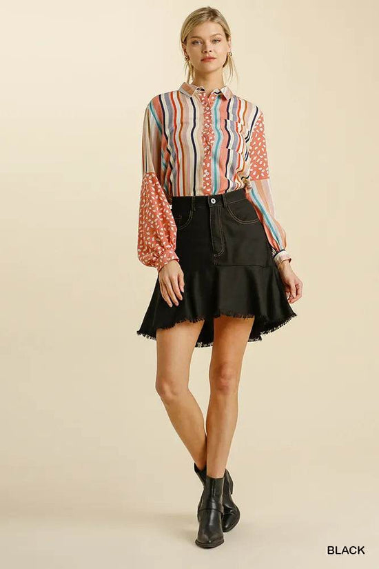 Umgee Linen Blend High Low Skirt with Frayed Hem - 5 Pockets - Akana Style