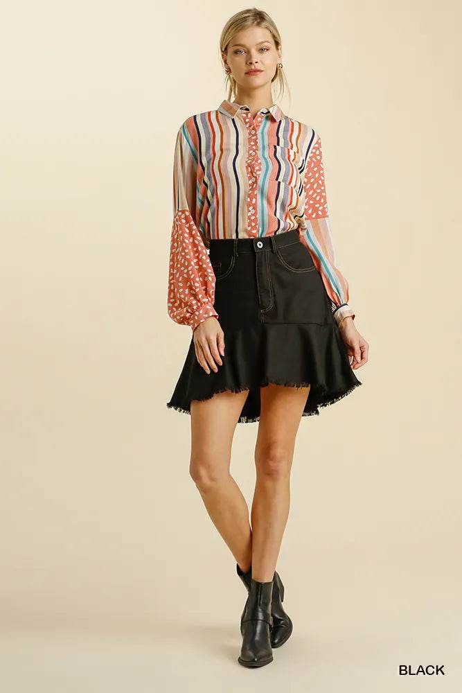 Umgee Linen Blend High Low Skirt with Frayed Hem - 5 Pockets - Akana Style
