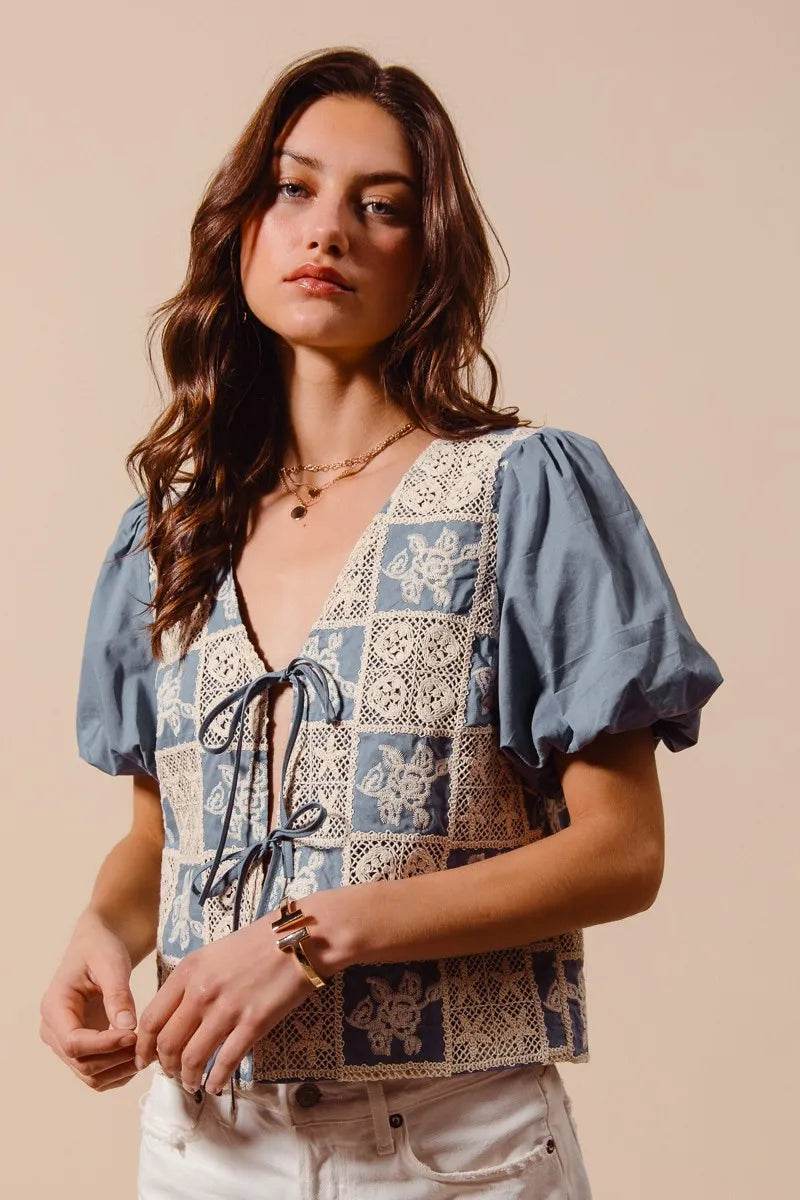 Crochet Lace Blouse with Tie Front V Neck Design - Akana Style