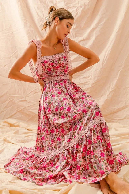 Floral Maxi Dress With Ribbon Tie Lace Strap - Akana Style