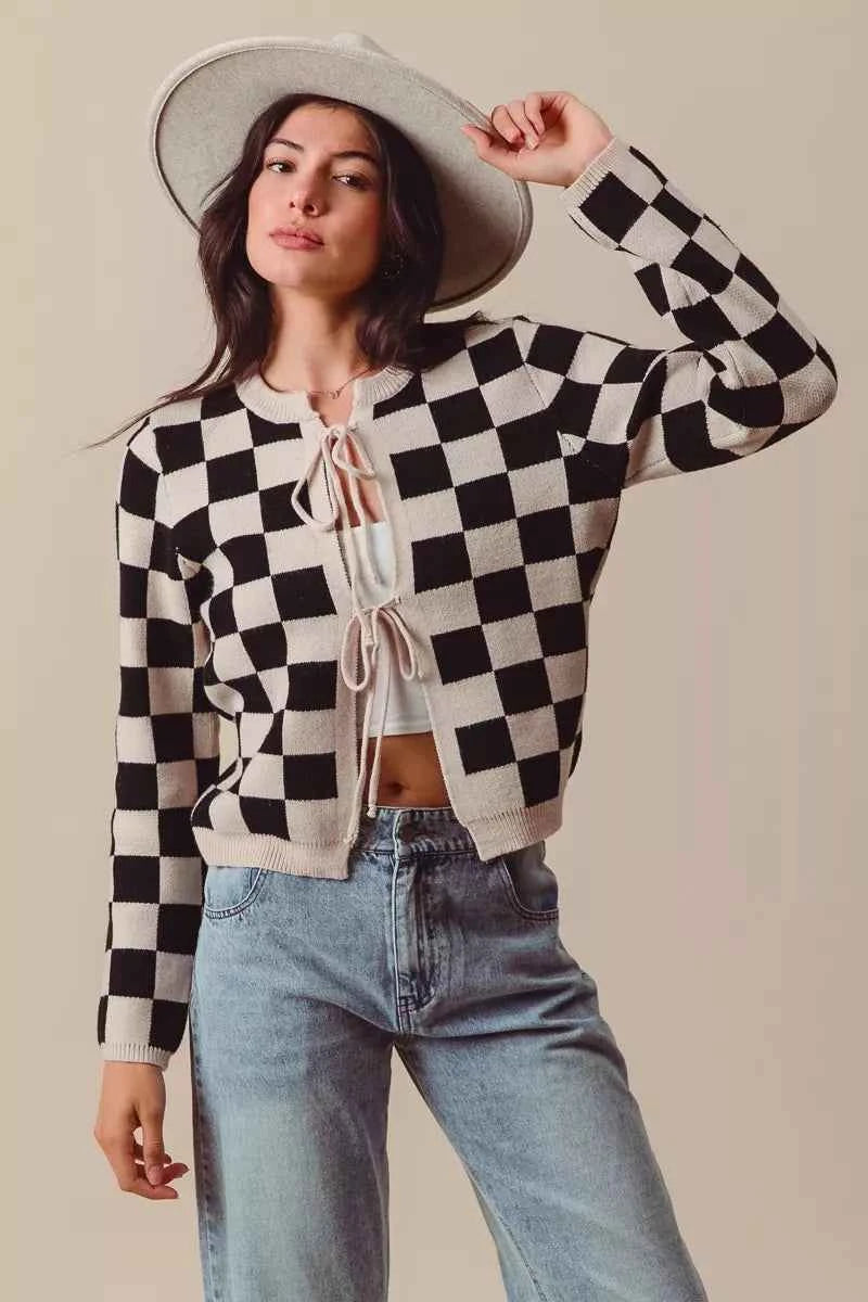 SO ME Tie Front Checkered Knitted Round Neck Cardigan