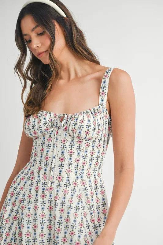 Floral Print Midi Dress with Bustier Back Lace Up Design - Akana Style