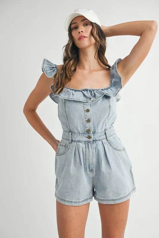 Off Shoulder Denim Romper with Ruffle Detail - Akana Style