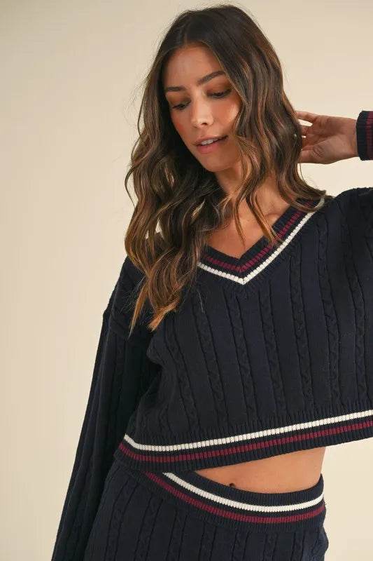 Cable-Knit Sweater Set with Pleated Skirt - Akana Style